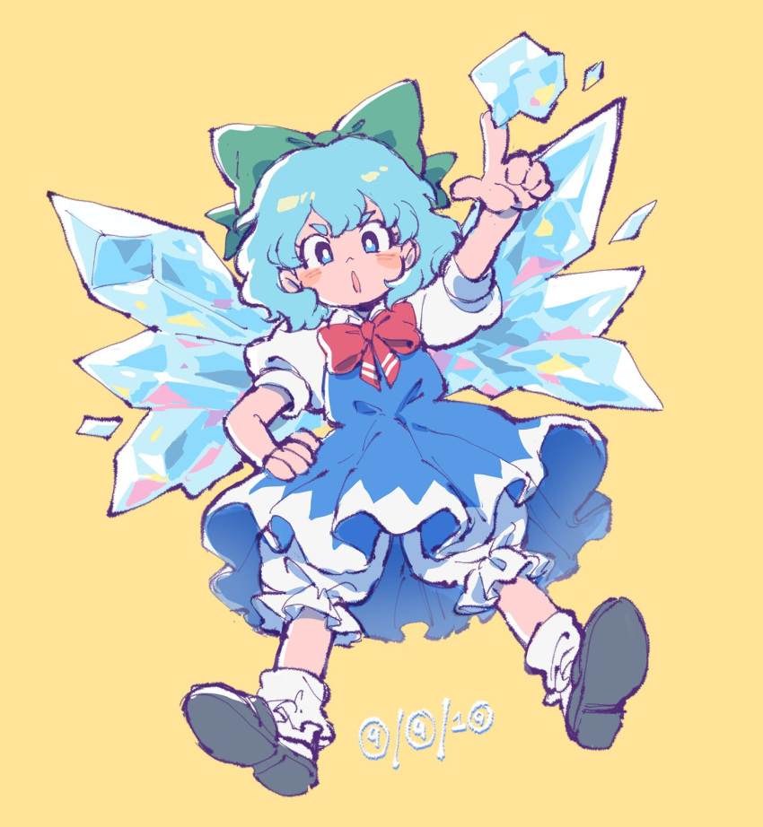 (9) 1girl akiyoku black_footwear bloomers blue_dress blue_eyes blue_hair blush bow cirno commentary dated dress green_bow hair_bow hand_on_hip highres ice ice_wings index_finger_raised looking_at_viewer puffy_short_sleeves puffy_sleeves red_bow shoes short_hair short_sleeves simple_background socks solo touhou underwear wings yellow_background