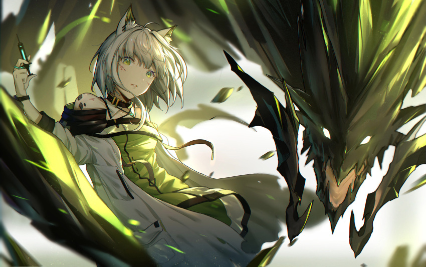 1girl absurdres animal_ear_fluff animal_ears arknights bangs bare_shoulders commentary_request detached_collar dragon green_eyes green_shirt highres jacket kal'tsit looking_at_viewer shirt short_hair solo watch white_jacket yumuto_(spring1786)