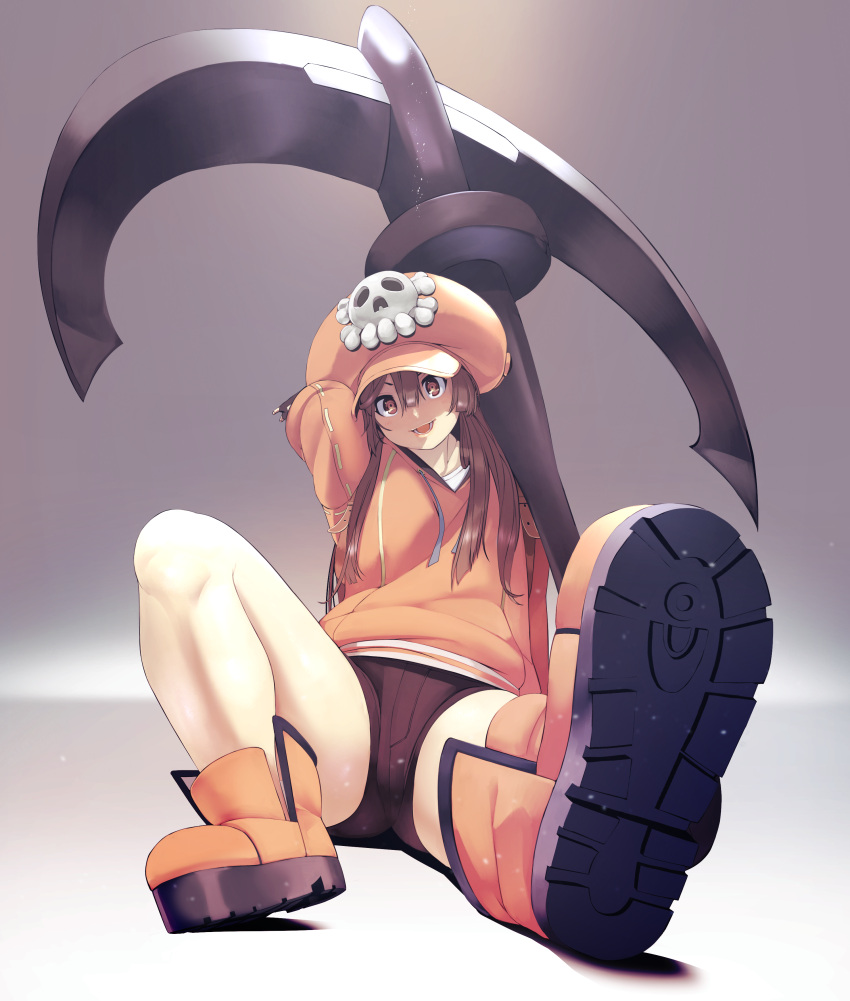 1girl absurdres anchor belly_peek black_shorts blush breasts brown_eyes brown_hair commentary fingerless_gloves foreshortening full_body gloves guilty_gear hat highres long_hair long_sleeves looking_at_viewer may_(guilty_gear) naze open_mouth orange_footwear orange_headwear orange_shirt pirate_hat shirt shorts simple_background sitting skull_and_crossbones small_breasts smile solo spread_legs thighs white_shirt