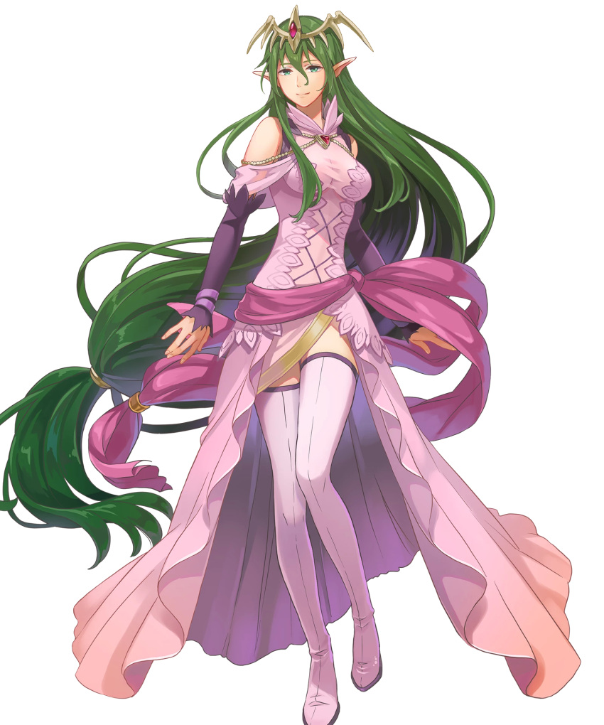 1girl boots breasts dress fire_emblem fire_emblem:_mystery_of_the_emblem fire_emblem_heroes full_body green_hair hair_ornament highres jewelry long_hair low_twintails medium_breasts nagi_(fire_emblem) non-web_source official_art okaya_mrh pink_dress pointy_ears shiny shiny_hair solo thigh-highs thigh_boots tiara transparent_background twintails very_long_hair