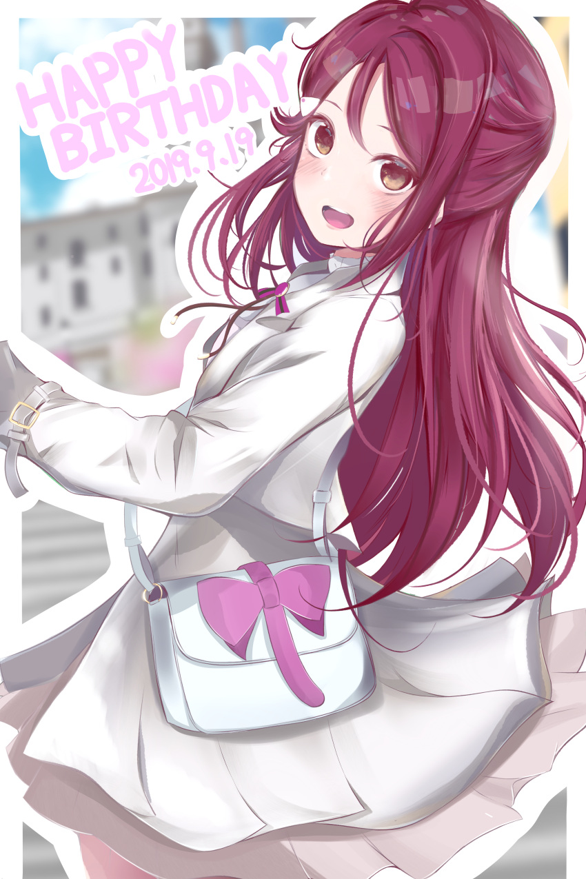 1girl 2019 absurdres bag bangs birthday commentary_request dated english_text hair_ornament half_updo happy_birthday highres huge_filesize jacket jewelry long_hair love_live! love_live!_sunshine!! necklace pink_ribbon prelude_ls redhead revision ribbon sakurauchi_riko shoulder_bag sidelocks solo stairs yellow_eyes