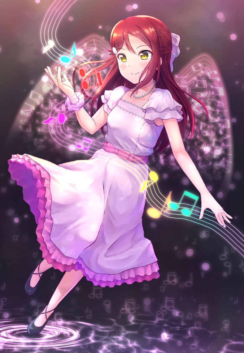 1girl b.ren birthday black_footwear commentary_request dress energy_wings eyebrows_visible_through_hair frilled_dress frilled_sleeves frills hair_ornament hair_ribbon half_updo highres jewelry long_hair love_live! love_live!_sunshine!! musical_note necklace pink_dress pink_scrunchie redhead ribbon sakurauchi_riko scrunchie solo wrist_scrunchie yellow_eyes