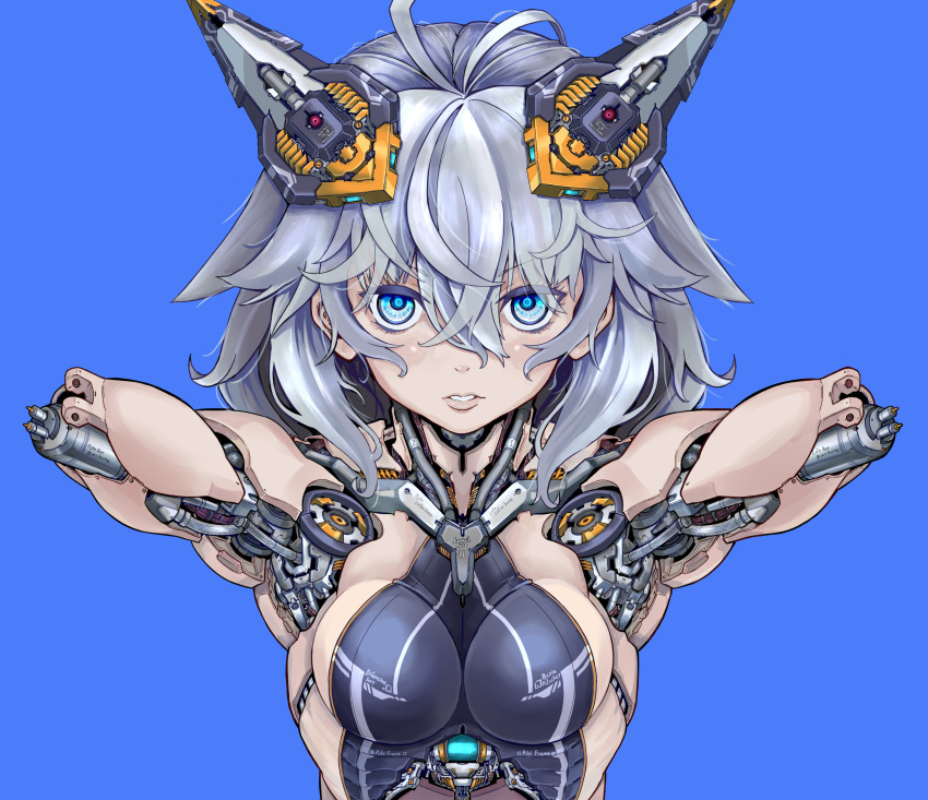 1girl absurdres blue_background cyberpunk cyborg h1p-h0p8888 headgear highres looking_at_viewer mechanical_arm original parted_lips parts_exposed piston robot science_fiction silver_hair solo