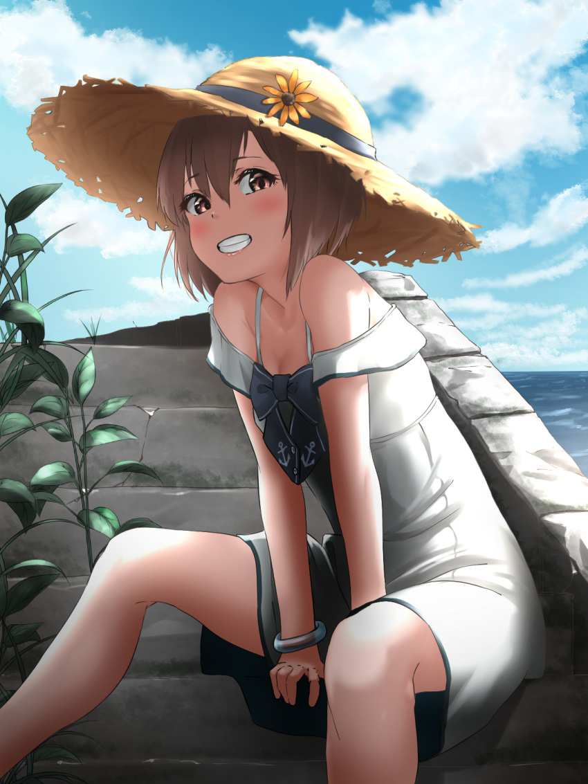 1girl blue_sky blush breasts brown_eyes brown_hair closed_mouth clouds dress flower gradient_sky hair_between_eyes hat hat_flower highres kantai_collection looking_at_viewer ocean off-shoulder_dress off_shoulder remodel_(kantai_collection) short_hair sitting sky small_breasts smile solo straw_hat tama_(seiga46239239) white_dress yukikaze_(kantai_collection)