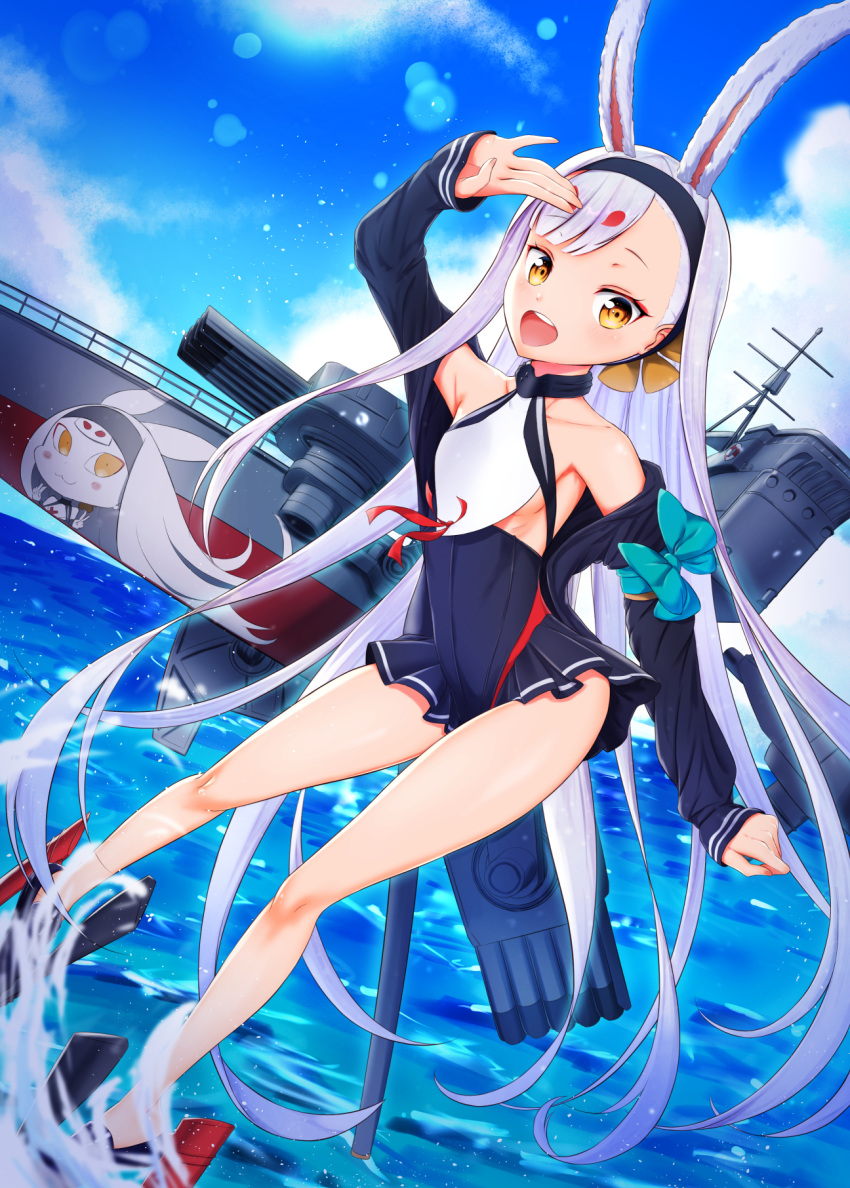 1girl animal_ears azur_lane breasts clouds cocoablue23 collarbone commentary_request dutch_angle full_body highres long_hair looking_at_viewer ocean open_mouth rabbit_ears ribbon rigging salute shimakaze_(azur_lane) silver_hair sky small_breasts solo torpedo_tubes water yellow_eyes