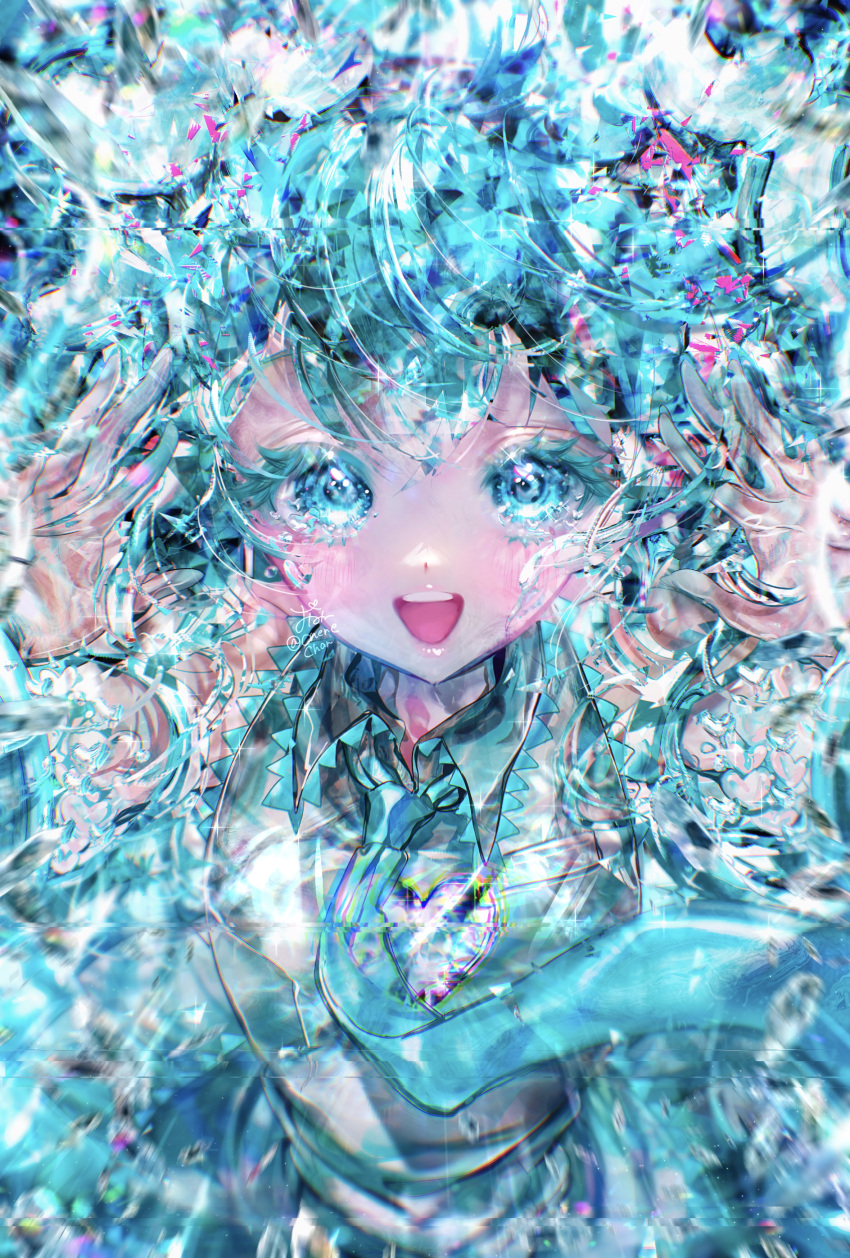 1girl absurdres aqua_eyes aqua_hair aqua_theme bangs blue_eyes blue_hair blue_theme blush collared_shirt colored_eyelashes detached_sleeves floating_clothes grey_shirt hands_up happy hatsune_miku highres long_hair looking_at_viewer onene open_mouth partially_submerged shards shirt solo straight-on twitter_username upper_body vocaloid water wet