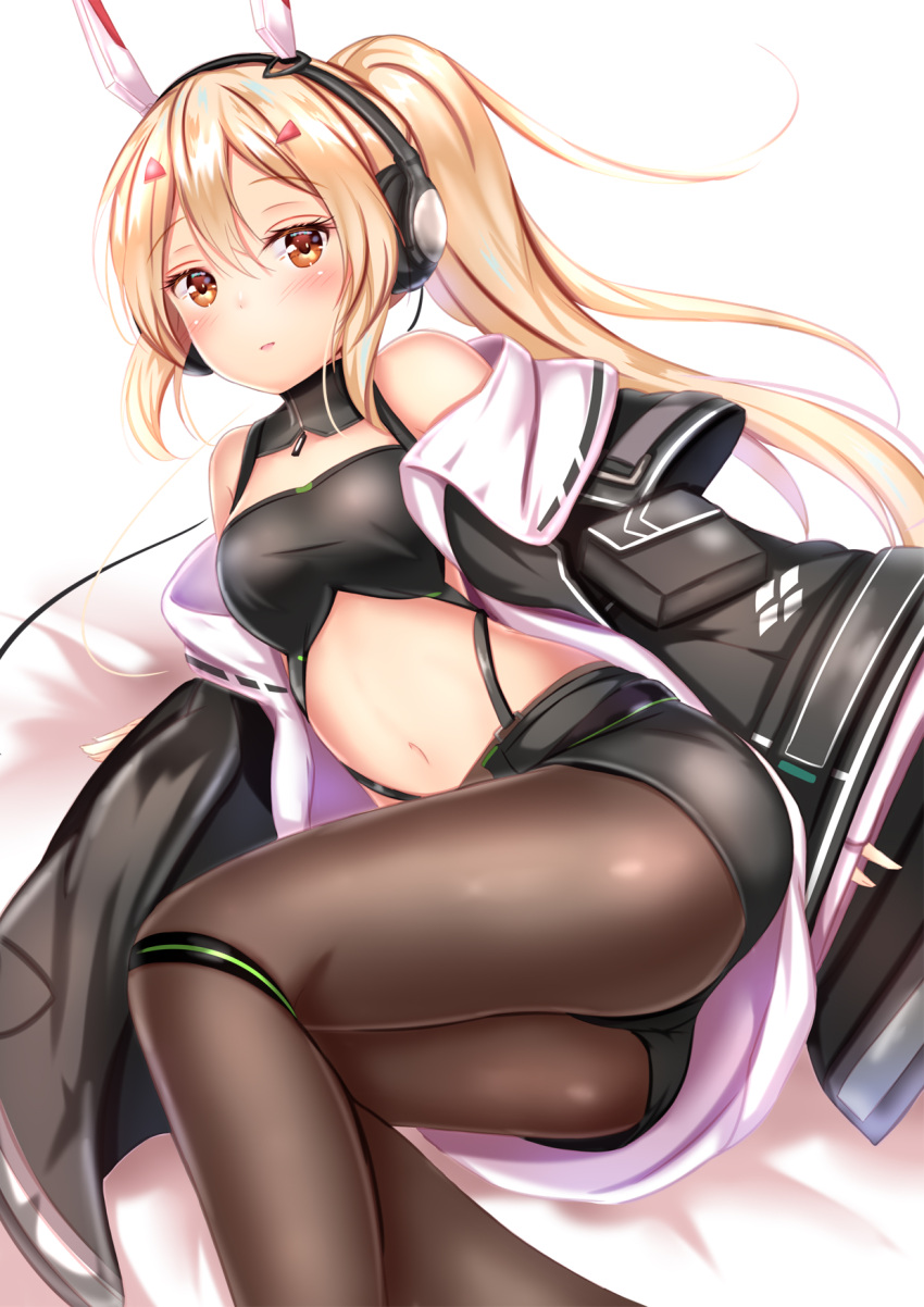 1girl ass ayanami_(azur_lane) ayanami_(rock'n_kijin)_(azur_lane) azur_lane bare_shoulders black_jacket black_shorts blonde_hair breasts brown_legwear crop_top hair_between_eyes hair_ornament headgear headphones highleg highres jacket legwear_under_shorts long_hair long_sleeves looking_at_viewer midriff navel off_shoulder open_clothes open_jacket orange_eyes pantyhose parted_lips ponytail short_shorts shorts sidelocks small_breasts solo yuano