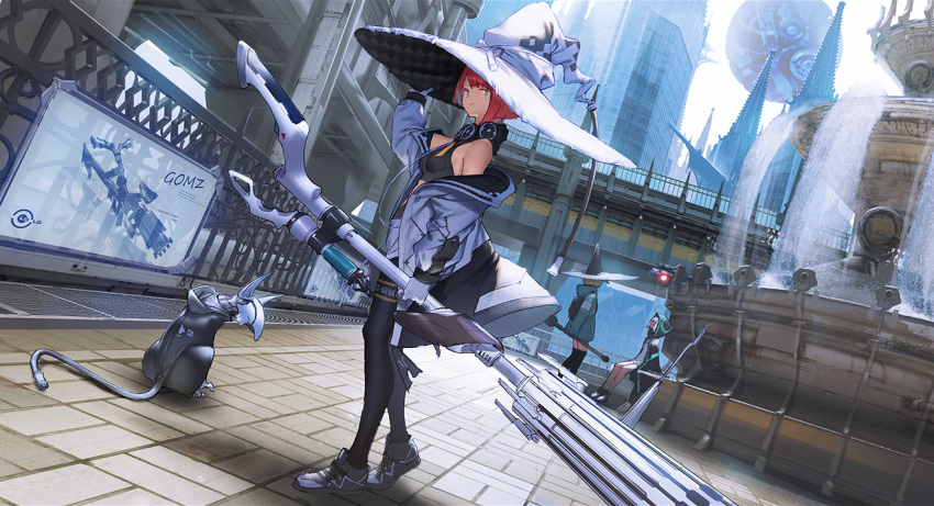 3girls blue_hair broom building coat crop_top fountain hat looking_at_viewer mechanical mogumo multiple_girls original outdoors pantyhose railing redhead road robot_animal science_fiction shoes short_hair sleeveless sneakers street witch_hat