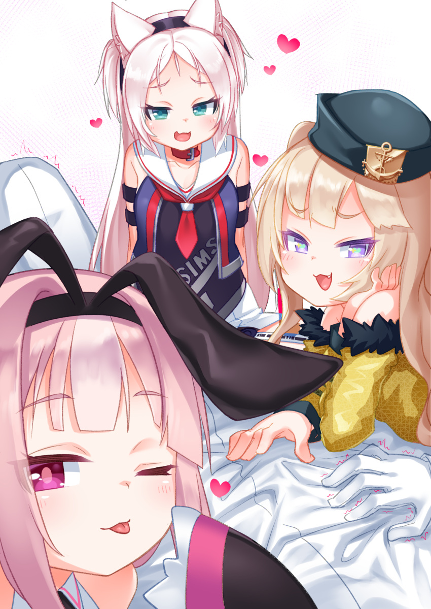 3girls :d ;p animal_ear_fluff animal_ears azur_lane bache_(azur_lane) bangs bare_shoulders black_dress black_headwear black_ribbon blush cat_ears closed_mouth commander_(azur_lane) commentary_request dress eyebrows_visible_through_hair fake_animal_ears fang forehead fur-trimmed_sleeves fur_trim gloves green_eyes hair_intakes hair_ribbon hand_up heart heart-shaped_pupils highres hobby_(azur_lane) jacket kirisame_mia light_brown_hair long_hair long_sleeves looking_at_viewer multiple_girls off_shoulder one_eye_closed open_mouth pants parted_bangs pink_hair red_neckwear ribbon sailor_collar sailor_dress sidelocks sims_(azur_lane) sitting sleeves_past_fingers sleeves_past_wrists smile symbol-shaped_pupils tilted_headwear tongue tongue_out trembling two_side_up very_long_hair violet_eyes white_gloves white_jacket white_pants white_sailor_collar yellow_jacket