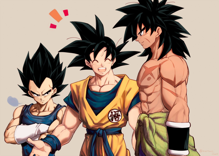 +++ 3boys =3 ^_^ abs arm_at_side arm_scar beige_background black_eyes black_hair broly_(dragon_ball_super) chest_scar closed_eyes clothes_around_waist clothes_writing crossed_arms dougi dragon_ball dragon_ball_super_broly facial_scar frown gloves highres light_smile looking_at_another looking_down male_focus mattari_illust multiple_boys nipples open_mouth outstretched_arms profile purple_legwear scar scar_on_cheek serious shirtless sigh simple_background smile son_gokuu spiky_hair standing teeth twitter_username upper_body upper_teeth vegeta waist_cape white_gloves wristband