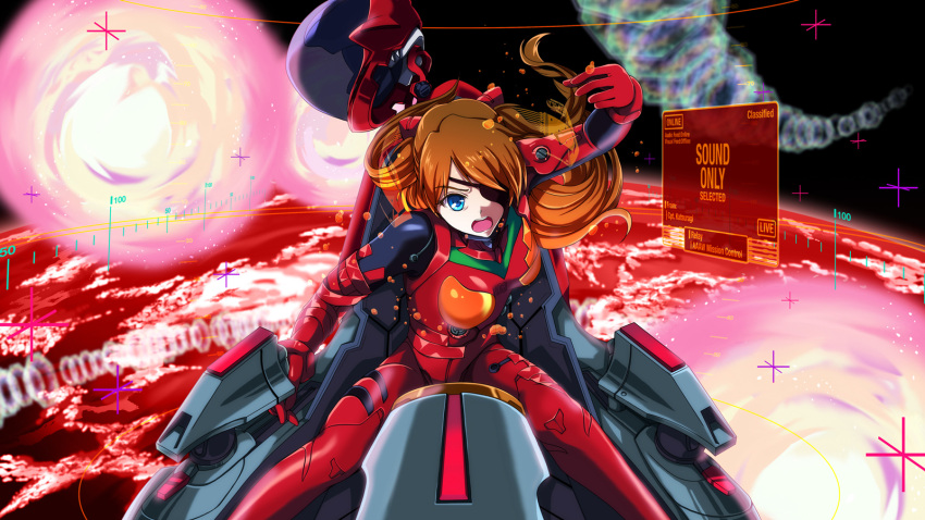 1girl blue_eyes bodysuit breasts brown_hair cockpit commentary_request evangelion:_3.0_you_can_(not)_redo eyepatch gloves highres ivuki long_hair looking_at_viewer neon_genesis_evangelion pilot_suit plugsuit rebuild_of_evangelion red_bodysuit shikinami_asuka_langley solo souryuu_asuka_langley