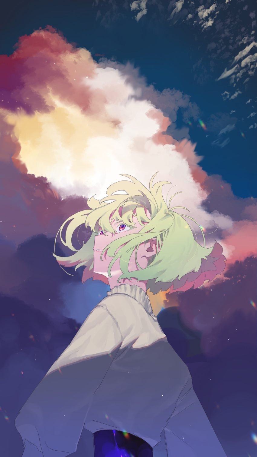 1boy absurdres dress_shirt earrings green_hair highres jewelry lio_fotia looking_up male_focus open_mouth promare shirt short_hair solo sunset violet_eyes yagita_(astronomie)