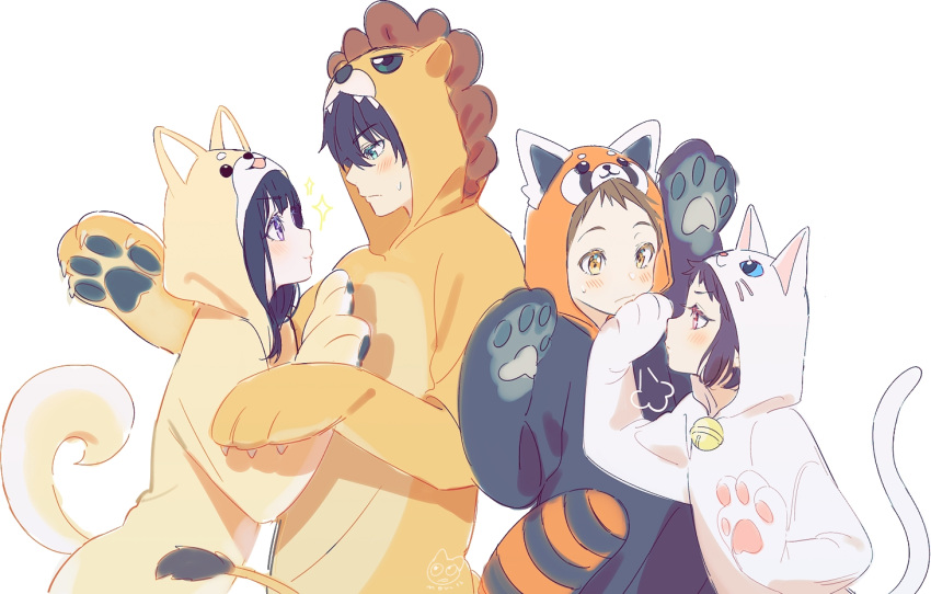 2boys 2girls animal_costume animal_ears bell black_hair blue_eyes blush brown_eyes brown_hair cat_costume cat_ears cat_tail character_request chitanda_eru commentary_request costume dog_costume dog_ears dog_tail eyebrows_visible_through_hair fake_animal_ears hyouka lion_costume long_hair mery_(apfl0515) multiple_boys multiple_girls oreki_houtarou short_hair simple_background tail tanuki_costume white_background