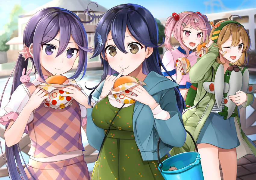 4girls aircraft airplane akebono_(kantai_collection) alternate_costume bandaid bandaid_on_face bell blue_jacket blue_skirt blue_sky brown_eyes brown_hair bucket bunny_on_shoulder casual cowboy_shot day dress eating flower food green_dress green_hairband hair_bell hair_bobbles hair_flower hair_ornament hairband hamburger highres hood hooded_jacket hoodie jacket jingle_bell kantai_collection long_hair multiple_girls oboro_(kantai_collection) outdoors pink_dress pink_eyes pink_hair plaid plaid_dress purple_hair sazanami_(kantai_collection) short_hair side_ponytail skirt sky striped striped_skirt stuffed_toy twintails ushio_(kantai_collection) very_long_hair violet_eyes yunamaro