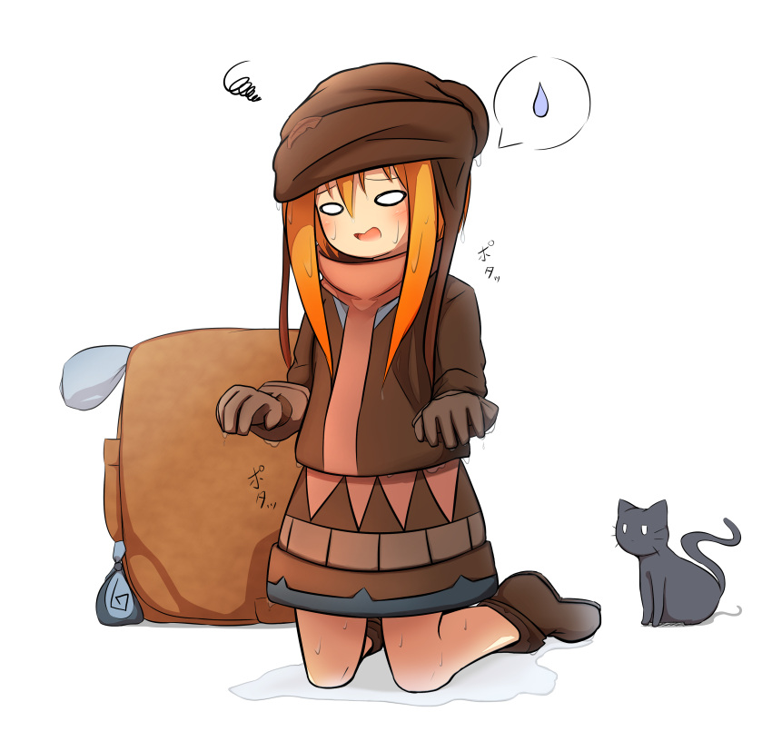 1girl absurdres animal backpack bag bangs black_cat blush boots brown_dress brown_footwear brown_gloves cat commentary_request dress gloves hair_between_eyes highres idaten93 kneeling long_hair long_sleeves open_mouth orange_hair original simple_background solo spoken_sweatdrop squiggle sweatdrop translated water wet wet_clothes wet_dress wet_gloves white_background