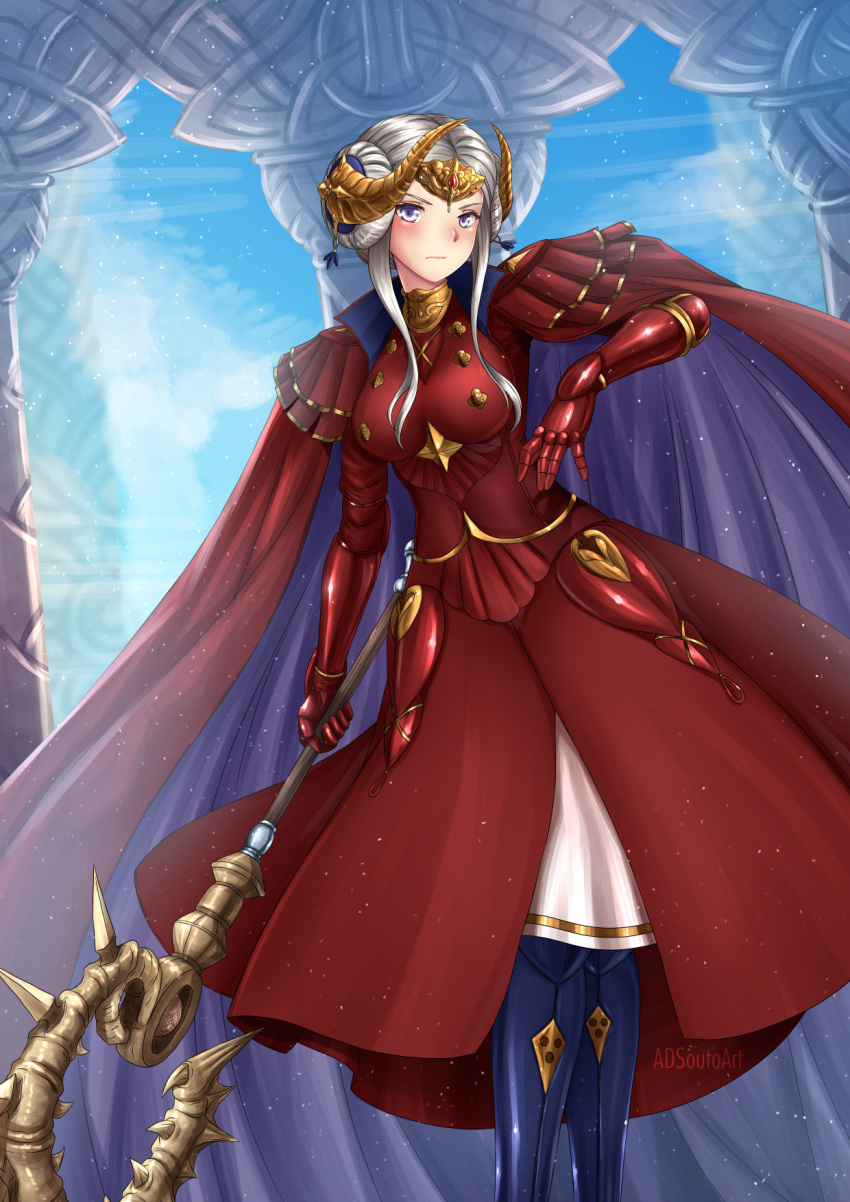 1girl adsouto armor axe blonde_hair blue_eyes breasts cape crown edelgard_von_hresvelg fire_emblem fire_emblem:_three_houses full_body gloves hair_ornament highres horns long_hair looking_at_viewer red_cape simple_background solo weapon