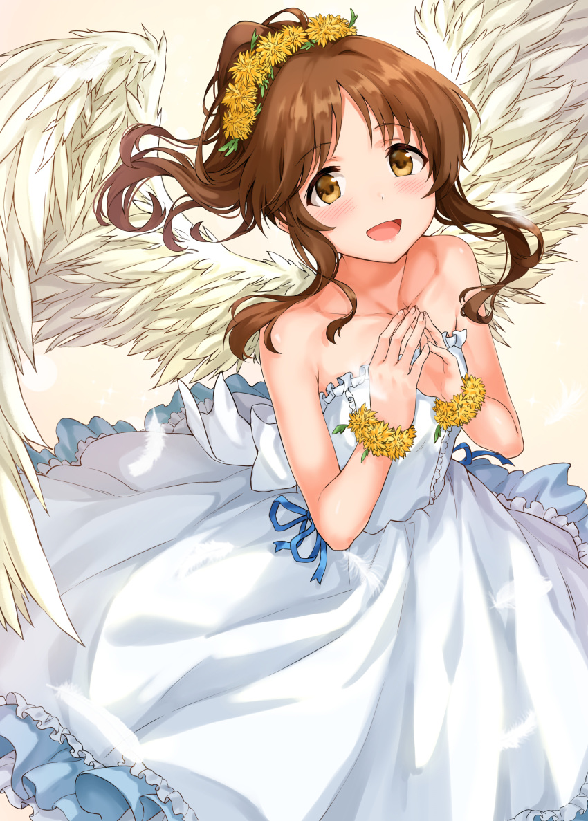 1girl :d absurdres angel_wings back_bow bangs bare_shoulders blue_ribbon blush bow bracelet brown_hair collarbone dandelion dress eyebrows_visible_through_hair falling_feathers feathered_wings feathers fingernails flower flower_bracelet frilled_dress frills from_above hands_together head_wreath highres idolmaster idolmaster_cinderella_girls idolmaster_cinderella_girls_starlight_stage jewelry lens_flare lips long_dress looking_at_viewer medium_hair open_mouth parted_bangs ponytail ribbon sidelocks sirurabbit sleeveless sleeveless_dress smile solo sparkle takamori_aiko wavy_hair white_bow white_dress white_wings wings yellow_background yellow_eyes