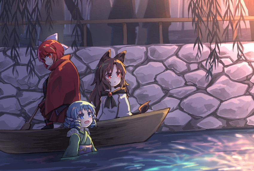 3girls animal_ears blue_bow blue_eyes blue_hair blush boat bow brown_hair canal commentary drill_hair frills grass_root_youkai_network green_kimono hair_bow head_fins highres imaizumi_kagerou japanese_clothes kibisake kimono long_hair long_sleeves mermaid monster_girl multiple_girls obi off_shoulder open_mouth partially_submerged red_eyes red_skirt redhead sash sekibanki short_hair skirt smile touhou wakasagihime water watercraft wolf_ears