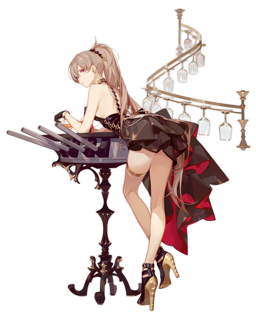 1girl alcohol alternate_costume ask_(askzy) ass azur_lane bangle bangs bare_shoulders black_dress black_footwear black_gloves bracelet breasts brown_hair cannon cocktail_dress cup dress drinking_glass earrings expressionless full_body gloves gold hair_between_eyes hair_ornament high_heels highres jean_bart_(azur_lane) jean_bart_(uninhibited_bloodstone)_(azur_lane) jewelry leaning_on_object long_hair medium_breasts official_art ponytail sidelocks skindentation solo thighlet transparent_background turret violet_eyes