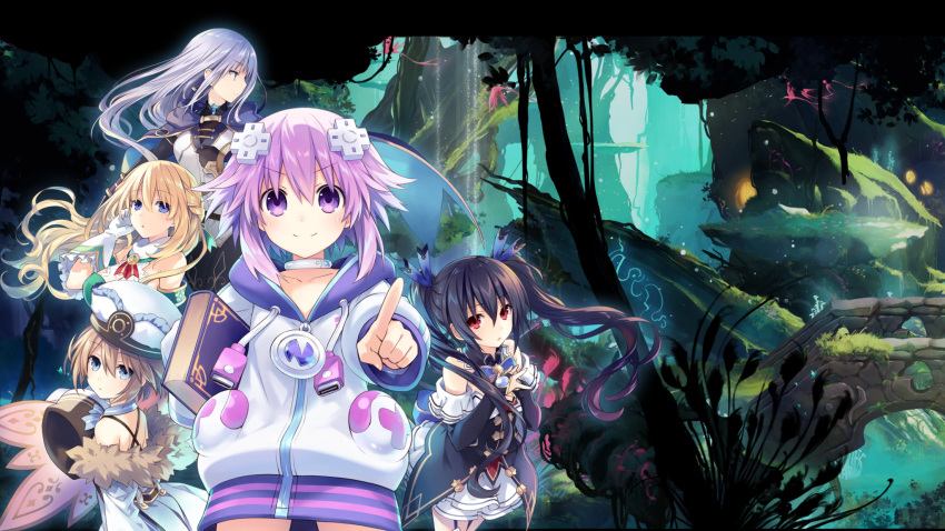 5girls bare_shoulders bird black_hair blanc blonde_hair blue_eyes book brave_neptune bridge brown_hair chrom_(neptune_series) cloak closed_mouth d-pad d-pad_hair_ornament dress earrings forest fur_trim game_cg hair_ornament hair_ribbon highres histoire holding holding_book hood hoodie jacket jewelry long_hair multiple_girls nature neptune_(series) noire purple_hair red_eyes ribbon short_hair spaghetti_strap tsunako twintails vert violet_eyes white_dress white_headwear white_jacket