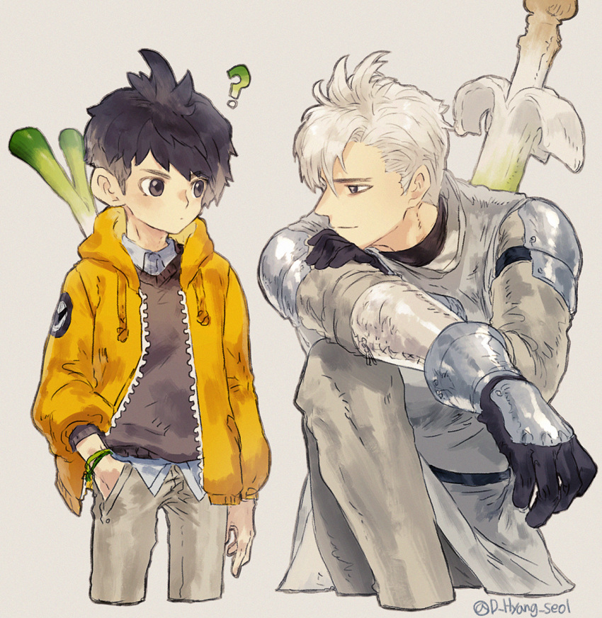 2boys ? armor black_hair bracelet cropped_legs farfetch'd gloves grey_background hand_in_pocket highres hood hood_down humanization jacket jewelry kneeling leeis_cool looking_at_another multicolored_hair multiple_boys open_clothes open_jacket personification pokemon shoulder_armor silver_hair simple_background sirfetch'd smile spring_onion two-tone_hair weapon weapon_on_back