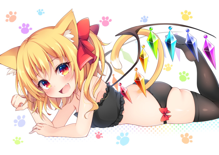 1girl :d absurdres animal_ear_fluff animal_ears ass bandeau bangs bare_arms bare_shoulders black_legwear black_panties blonde_hair blush bow bra cat_ears cat_tail commentary_request crystal eyebrows_visible_through_hair fang flandre_scarlet frilled_bra frills hair_between_eyes hair_bow hand_up highres kemonomimi_mode looking_at_viewer lying miy@ no_hat no_headwear no_shoes on_stomach one_side_up open_mouth panties paw_pose paw_print red_bow red_eyes short_hair simple_background skindentation smile solo strapless strapless_bra tail thigh-highs thighs touhou tubetop underwear white_background wings