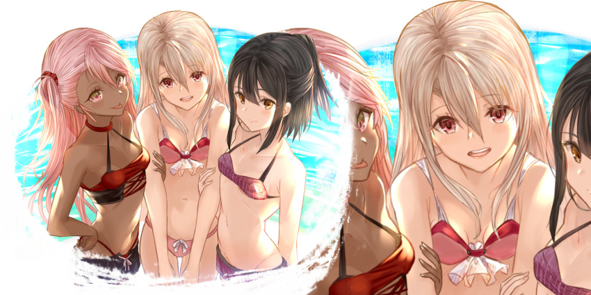 3girls bangs bare_shoulders bikini black_hair blush breasts chloe_von_einzbern closed_mouth collarbone commentary commentary_request dark_skin fate/kaleid_liner_prisma_illya fate_(series) hair_between_eyes half_updo highres illyasviel_von_einzbern long_hair looking_at_viewer miyu_edelfelt multiple_girls navel one_side_up open_mouth orange_eyes partial_commentary pink_bikini pink_hair purple_bikini red_bikini red_eyes small_breasts smile swimsuit tongue tongue_out white_hair yatsuka_(846) yellow_eyes