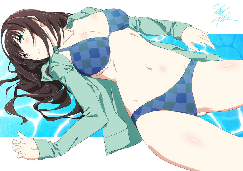 1girl bangs bikini black_hair blue_bikini blue_eyes blue_jacket breasts hair_between_eyes hairband idolmaster idolmaster_cinderella_girls jacket large_breasts long_hair long_sleeves navel open_clothes open_jacket open_mouth sagisawa_fumika solo swimsuit taku1122 thighs