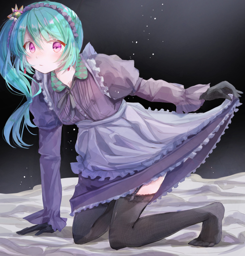 alternate_costume apron bangs black_legwear dress dress_lift enmaided garter_straps gloves green_hair hair_ornament highres long_hair magia_record:_mahou_shoujo_madoka_magica_gaiden magical_girl mahou_shoujo_madoka_magica maid maid_apron maid_dress ramune_(yurikoppe0202) side_ponytail violet_eyes yui_tsuruno