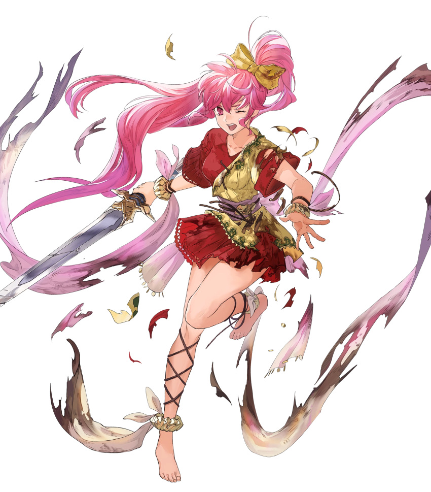 1girl barefoot bow collarbone dress fire_emblem fire_emblem:_mystery_of_the_emblem fire_emblem_heroes full_body hair_bow highres holding holding_sword holding_weapon jewelry leg_up long_hair mayo_(becky2006) non-web_source official_art one_eye_closed open_mouth phina_(fire_emblem) pink_eyes pink_hair ponytail shiny shiny_hair short_dress short_sleeves solo sword tied_hair toes torn_clothes transparent_background weapon