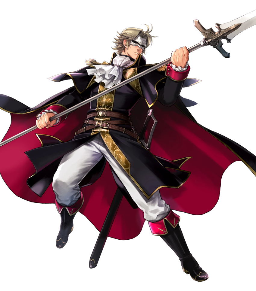 1boy belt blonde_hair boots camus_(fire_emblem) cape epaulettes fire_emblem fire_emblem:_mystery_of_the_emblem fire_emblem_heroes full_body highres mask official_art polearm solo spear suekane_kumiko sword transparent_background weapon