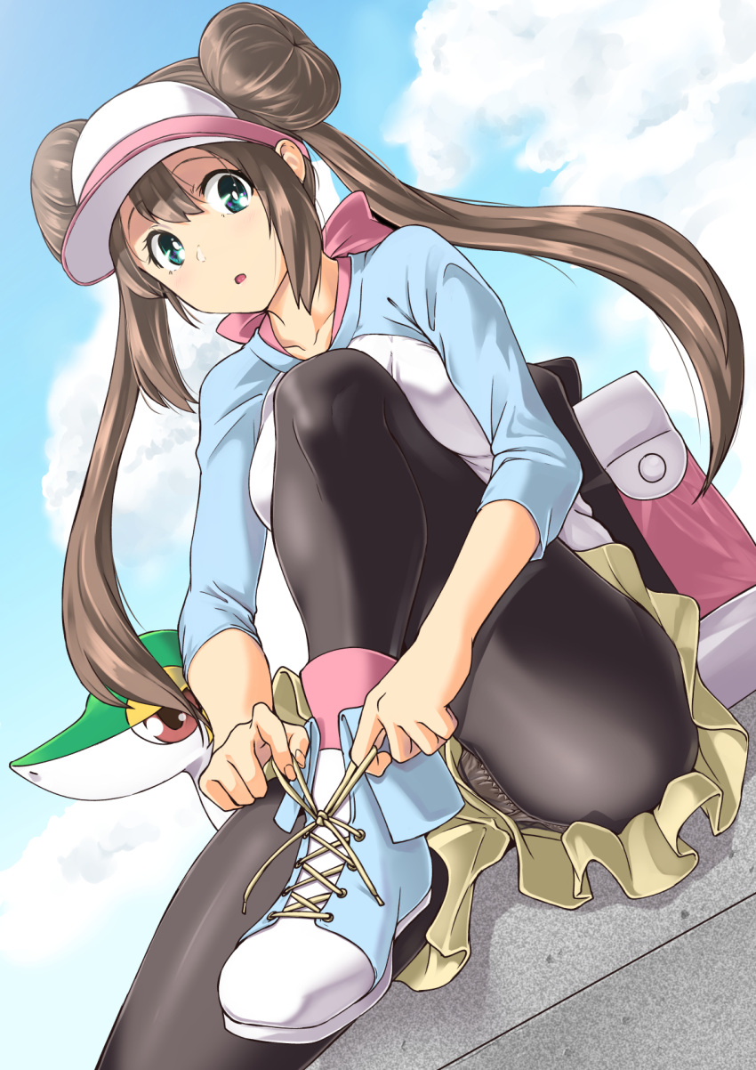 1girl :o bag black_legwear blue_eyes blue_sky blush breasts brown_hair clouds day double_bun dutch_angle frilled_shorts frills hair_bun highres kawajuu leg_up legwear_under_shorts looking_at_viewer mei_(pokemon) open_mouth panties panty_peek pantyhose pokemon pokemon_(creature) pokemon_(game) pokemon_bw2 pokemon_masters see-through shoes shorts sitting sky snivy solo tying_shoes underwear