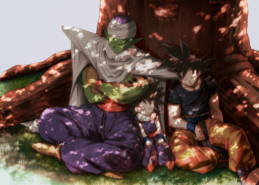 3boys black_hair boots cape closed_eyes crossed_arms dappled_sunlight day dougi dragon_ball dragon_ball_z expressionless father_and_son fingernails foot_out_of_frame frown full_body grass highres indian_style leaning leaning_on_person male_focus mattari_illust multiple_boys nature outdoors parted_lips piccolo pointy_ears serious sitting sleeping sleeping_on_person sleeping_upright son_gohan son_gokuu spiky_hair sunlight tree tree_shade turban wristband