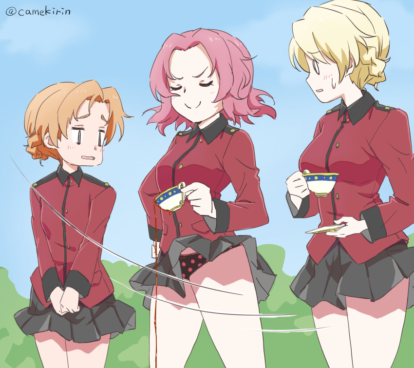 3girls bangs black_skirt blonde_hair braid camekirin closed_eyes coat cup darjeeling girls_und_panzer highres multiple_girls open_mouth orange_hair orange_pekoe panties pantyshot pleated_skirt polka_dot polka_dot_panties red_coat redhead rosehip short_hair skirt smile spill spilling st._gloriana's_military_uniform sweatdrop tea teacup thighs tied_hair twitter_username underwear wind wind_lift