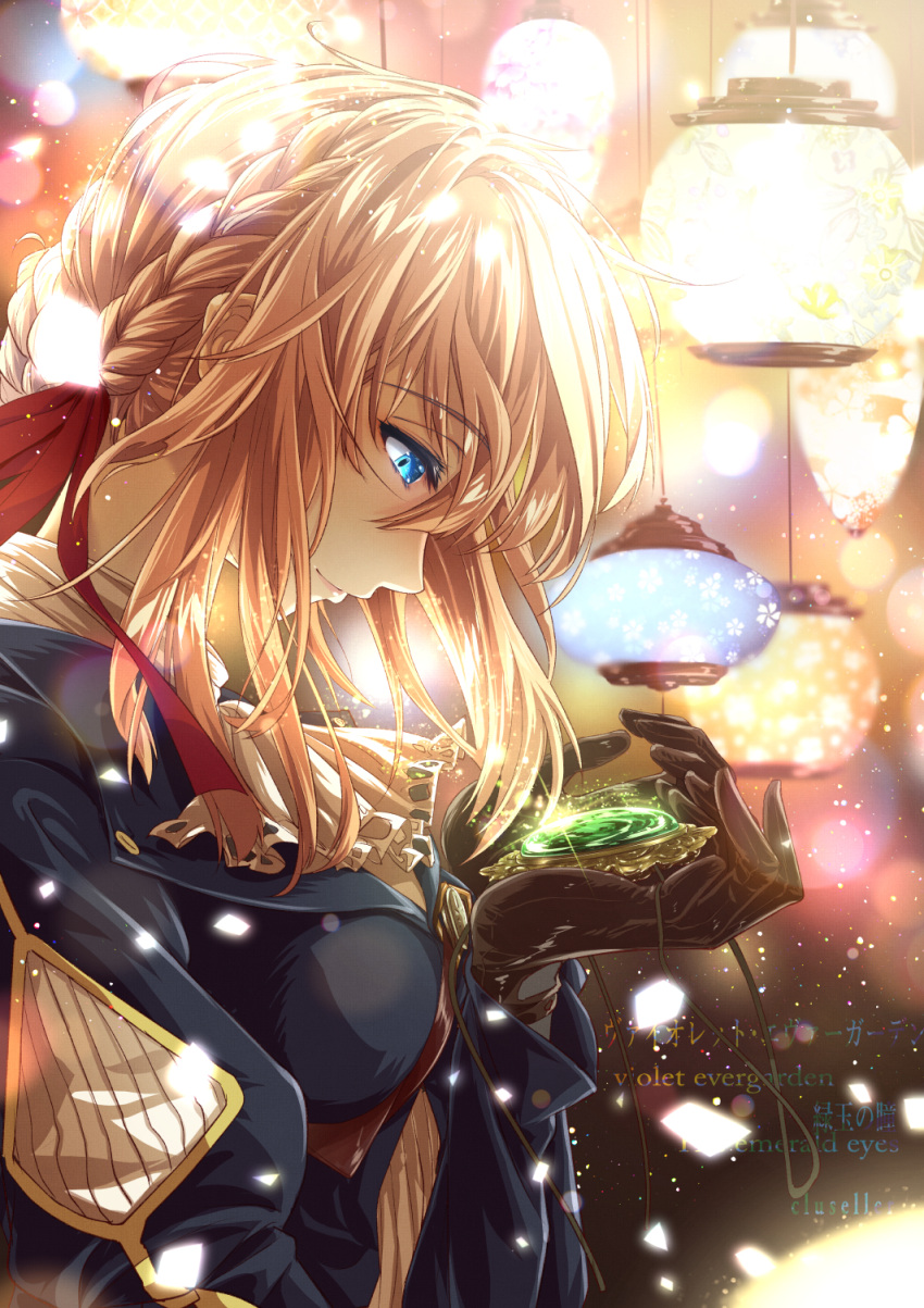 1girl black_gloves blonde_hair blue_eyes braid breasts character_name cluseller commentary_request copyright_name eyebrows_visible_through_hair from_side gloves hair_between_eyes hair_ribbon highres holding lamp medium_breasts red_ribbon ribbon solo violet_evergarden violet_evergarden_(character)