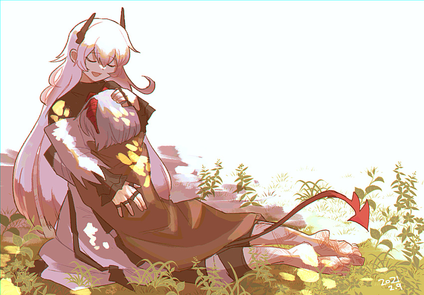2girls arknights bangs barefoot black_coat black_horns black_pants breasts bruise capri_pants closed_eyes coat commentary_request dated demon_tail eyebrows_visible_through_hair grass grey_hair hand_on_another's_back horns huge_breasts injury jewelry kawaii_inu5 long_hair long_sleeves lying multiple_girls multiple_rings on_person on_stomach open_mouth pants plant red_horns ring short_hair sitting smile tail theresa_(arknights) very_long_hair w_(arknights) white_background white_hair