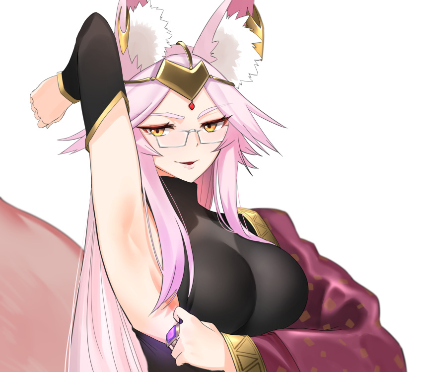 1girl absurdres animal_ear_fluff animal_ears arm_behind_head arm_up armpits bangs blush breasts circlet detached_sleeves earrings fate/grand_order fate_(series) fox_ears fox_girl fox_tail glasses highres indian_clothes jewelry koyanskaya large_breasts long_hair looking_at_viewer parted_bangs parted_lips pink_hair ring saru_(pixiv13751598) shirt_pull sidelocks sleeveless smile solo tail white_background yellow_eyes