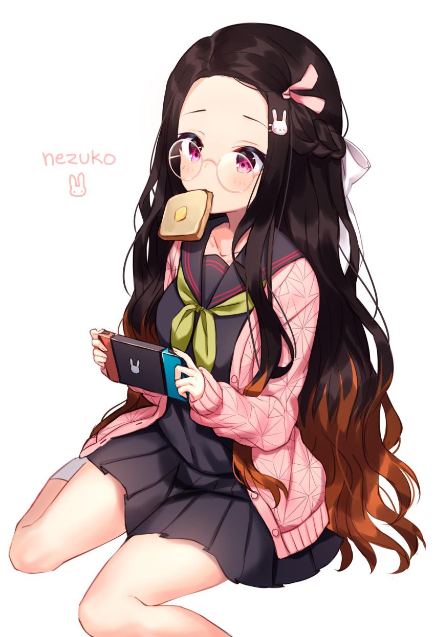 1girl absurdres bespectacled black_hair black_serafuku black_skirt braid brown_hair bunny_hair_ornament character_name collarbone commentary contemporary food food_in_mouth forehead french_braid glasses hair_ornament hair_ribbon hairclip handheld_game_console highres jacket kamado_nezuko kimetsu_no_yaiba long_hair mouth_hold multicolored_hair pink_eyes pink_jacket pink_ribbon pleated_skirt ribbon round_eyewear school_uniform serafuku shouu-kun simple_background sitting skirt solo toast toast_in_mouth two-tone_hair very_long_hair white_background white_ribbon