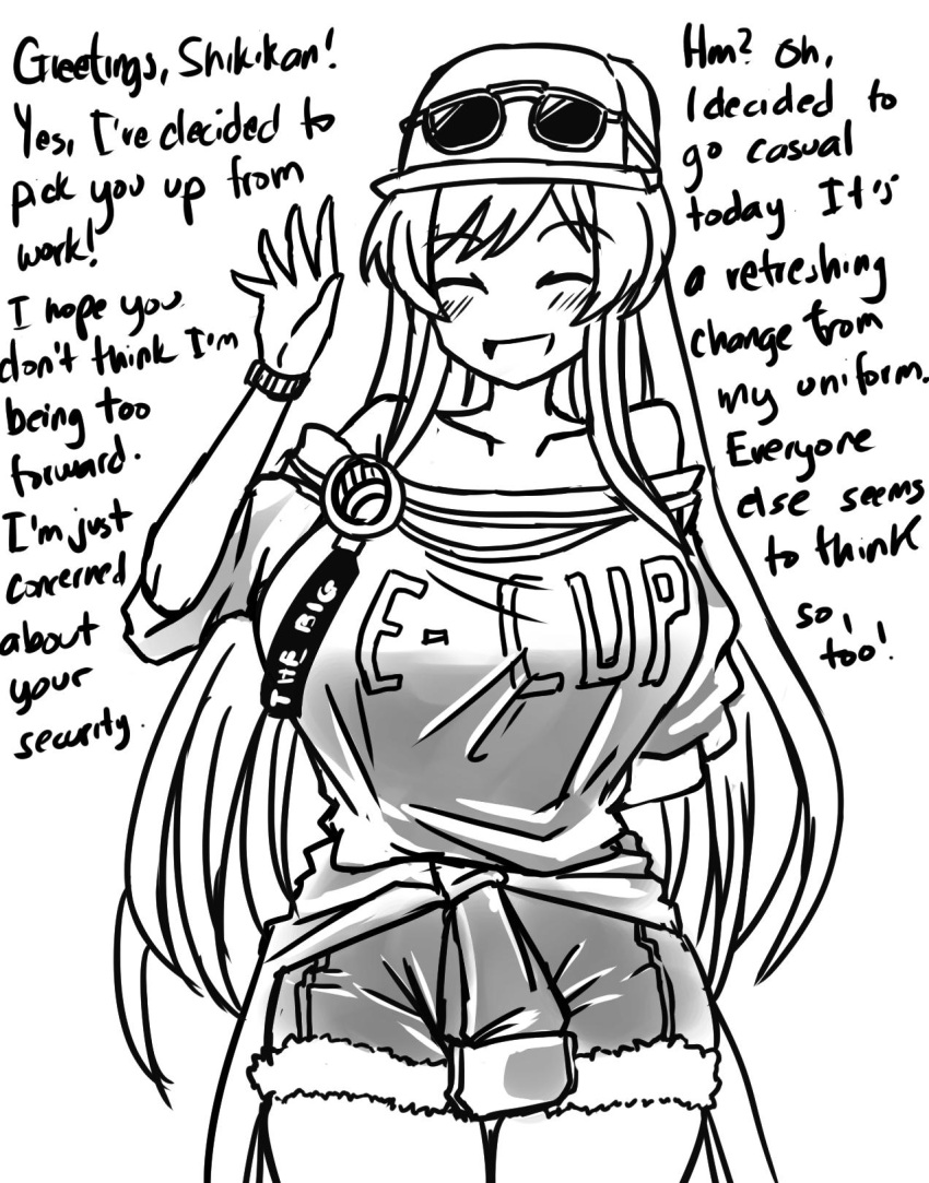 1girl alternate_breast_size azur_lane blush breasts closed_eyes english_commentary english_text enterprise_(azur_lane) eyewear_on_head hat highres huge_breasts invader long_hair monochrome open_mouth shorts solo tied_jacket waving