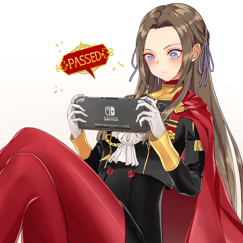1girl absurdres blue_eyes blush breasts brown_hair cape controller cravat edelgard_von_hresvelg fire_emblem fire_emblem:_three_houses game_console game_controller garreg_mach_monastery_uniform gloves hair_ornament hair_ribbon handheld_game_console highres holding_handheld_game_console joy-con long_hair nintendo_switch pantyhose playing_games red_cape ribbon septoleaf simple_background smile solo spoilers uniform white_background