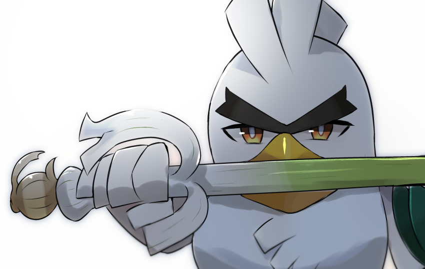a-kiraa_(whisper) bird bird_focus brown_eyes duck gen_8_pokemon highres holding holding_weapon no_humans pokemon pokemon_(creature) pokemon_(game) pokemon_swsh simple_background sirfetch'd solo spring_onion thick_eyebrows unibrow upper_body weapon white_background