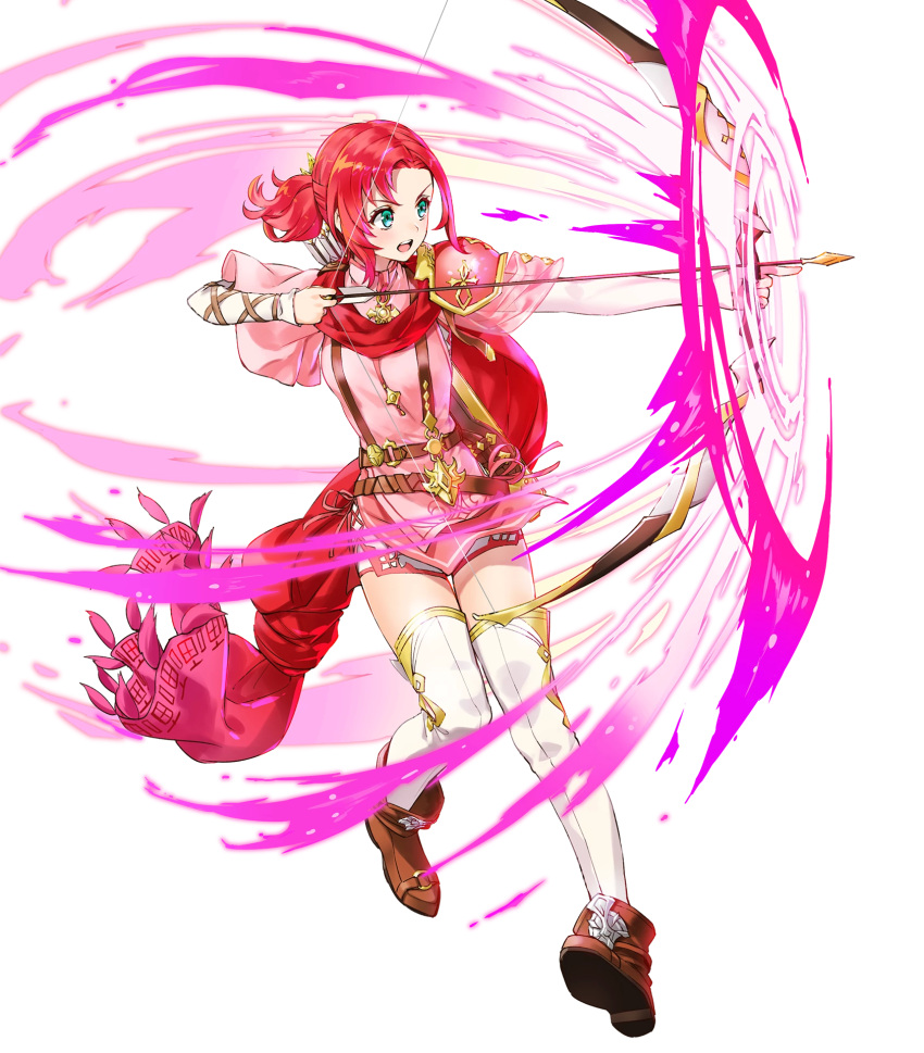 1girl armor bangs boots brown_footwear fire_emblem fire_emblem:_mystery_of_the_emblem fire_emblem_heroes full_body green_eyes hair_ornament highres kaya8 long_hair long_sleeves non-web_source norne_(fire_emblem) official_art quiver redhead shiny shiny_hair shoulder_armor solo thigh-highs tied_hair transparent_background white_legwear zettai_ryouiki