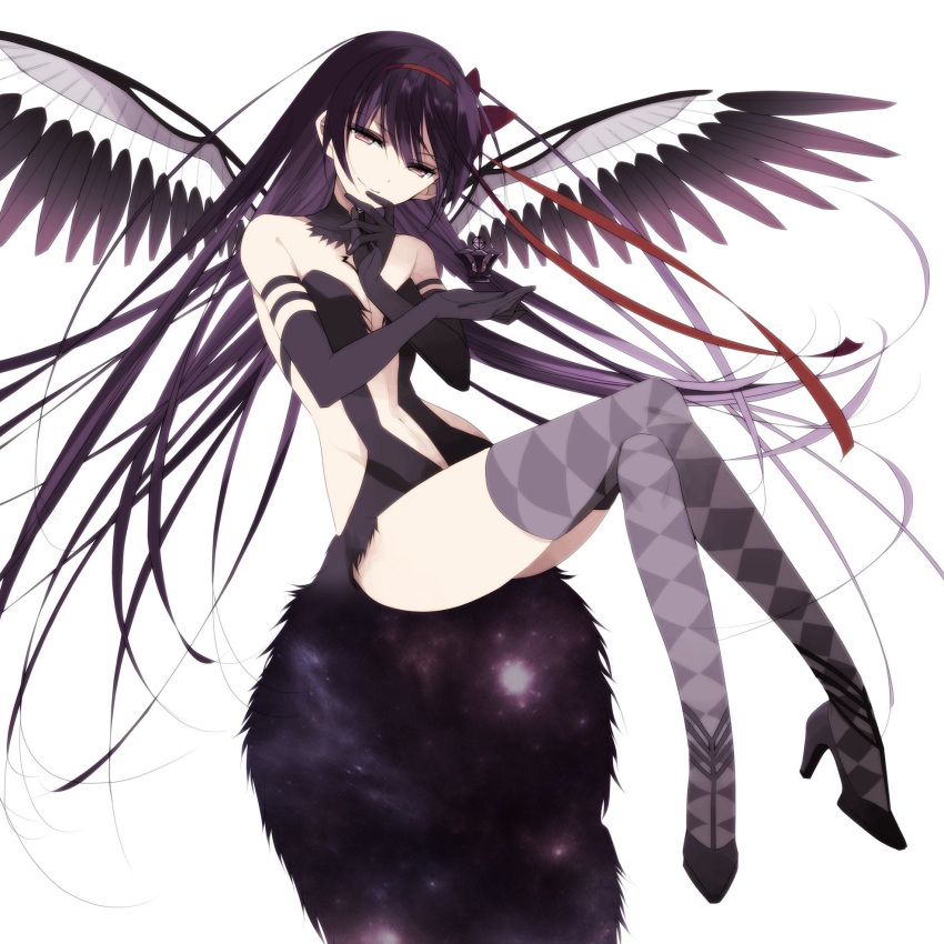1girl akemi_homura akuma_homura argyle argyle_legwear bare_shoulders breasts crossed_legs elbow_gloves gloves groin hand_on_own_chin high_heels highres long_hair mahou_shoujo_madoka_magica mahou_shoujo_madoka_magica_movie misteor navel red_ribbon ribbon small_breasts smirk solo thigh-highs thighs toe-point violet_eyes white_background wings
