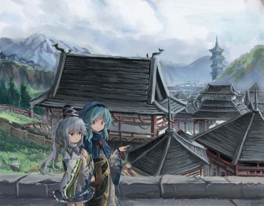 2girls architecture beads blue_eyes blue_hair bracelet building cliff clouds cloudy_sky day dot_nose east_asian_architecture expressionless eyebrows_visible_through_hair grass hair_between_eyes hat headdress highres house jewelry kesa kumoi_ichirin looking_at_another miniskirt mononobe_no_futo mountain multiple_girls outdoors pendant ponytail prayer_beads purple_neckwear ribbon sensi_tobikage skirt sky smile tate_eboshi touhou tower white_hair wide_sleeves