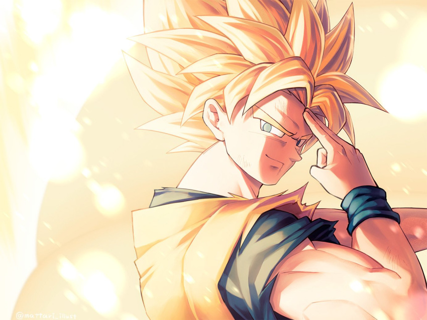 1boy backlighting blonde_hair blood blood_from_mouth blood_on_face blurry blurry_foreground bokeh bruise close-up depth_of_field dougi dragon_ball dragon_ball_z face finger_on_forehead finger_to_face green_eyes injury light_particles looking_at_another looking_back male_focus mattari_illust outstretched_arm shadow smile son_gokuu spiky_hair super_saiyan twitter_username upper_body wristband