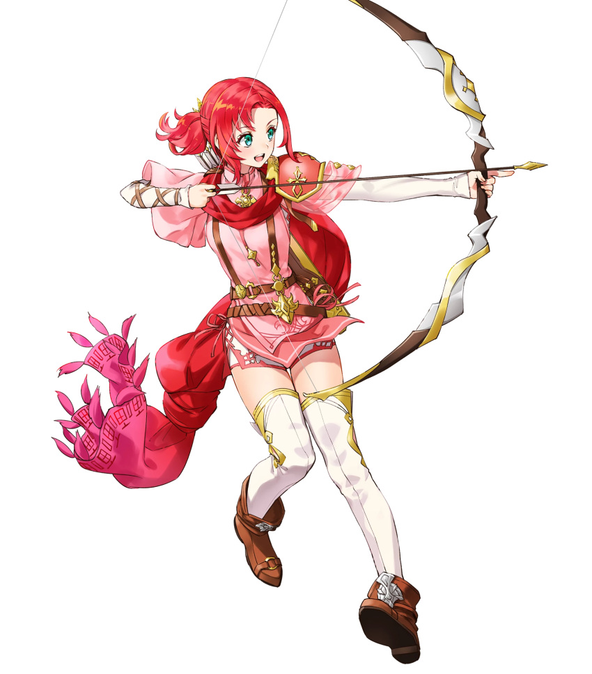 1girl armor bangs boots brown_footwear fire_emblem fire_emblem:_mystery_of_the_emblem fire_emblem_heroes full_body green_eyes hair_ornament highres kaya8 long_hair long_sleeves non-web_source norne_(fire_emblem) official_art quiver redhead shiny shiny_hair shoulder_armor solo thigh-highs tied_hair transparent_background white_legwear zettai_ryouiki