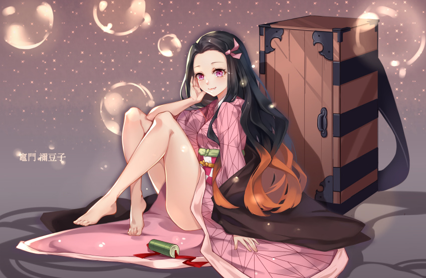 1girl bamboo bare_legs barefoot bit_gag black_hair box breasts bubble character_name checkered_obi commentary commentary_request forehead full_body gag gag_removed gradient_hair hair_ribbon haori highres japanese_clothes kamado_nezuko kimetsu_no_yaiba kimono lips long_hair long_sleeves looking_at_viewer medium_breasts melailai multicolored_hair orange_hair pink_eyes pink_kimono ribbon sitting smile solo sparkle thighs two-tone_hair wide_sleeves