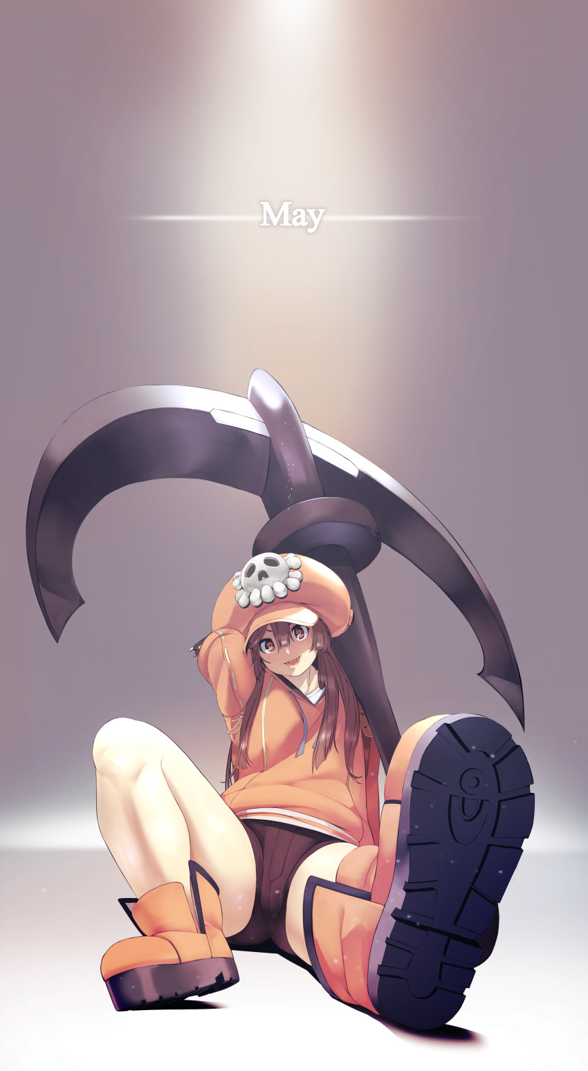 1girl absurdres anchor belly_peek black_shorts blush breasts brown_eyes brown_hair commentary fingerless_gloves foreshortening full_body gloves guilty_gear hat highres long_hair long_sleeves looking_at_viewer may_(guilty_gear) naze open_mouth orange_footwear orange_headwear orange_shirt pirate_hat shirt shorts simple_background sitting skull_and_crossbones small_breasts smile solo spread_legs thighs white_shirt