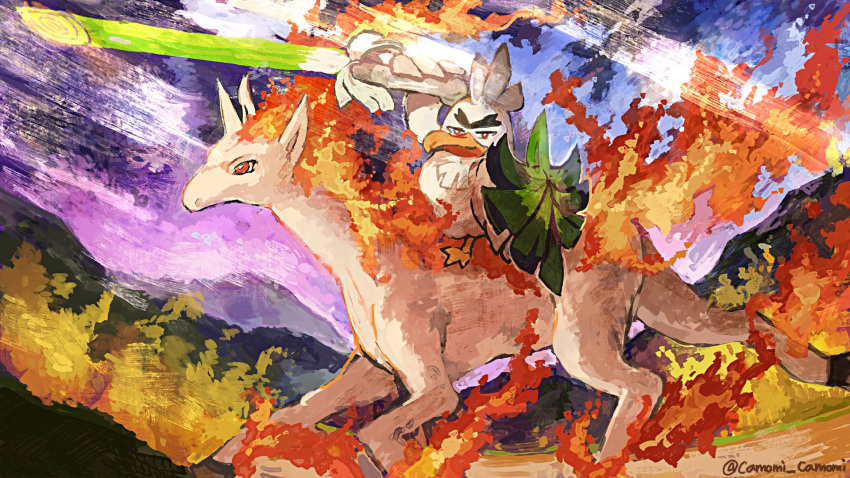 camomi commentary gen_1_pokemon gen_8_pokemon highres holding holding_leaf holding_shield holding_weapon horseback_riding leaf mountain no_humans outdoors pokemon rapidash riding shield sirfetch'd twitter_username weapon
