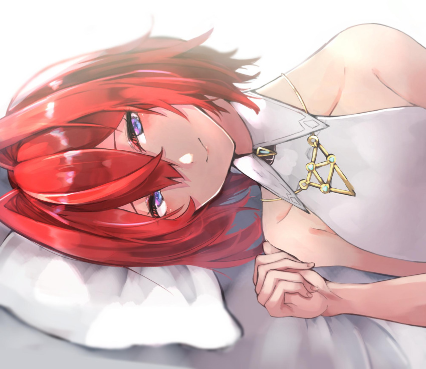 1girl ange_katrina blue_eyes blurry blush closed_mouth collarbone commentary depth_of_field hair_intakes highres jewelry looking_at_viewer lunateelf lying necklace nijisanji on_side redhead shirt short_hair simple_background sleeveless solo upper_body virtual_youtuber white_background white_shirt